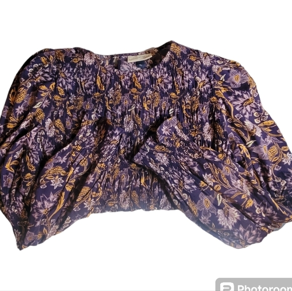 UNIVERSAL THREAD, purple floral tunic w/ puffy, long sleeves & smocking.Sz L NWT - Picture 4 of 8